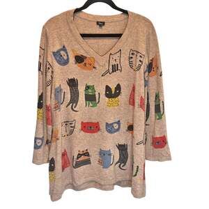 Shana Novelty Cat Print V-Neck Sweater Tunic - size XL